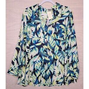 CJ Banks Women's SZ 1X Tropical  Blouse 1/2 Button Up Long Sleeve Pockets New